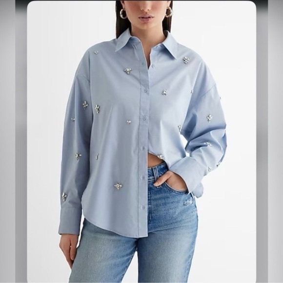 Express Tops - Express Jewel Poplin Blue Top